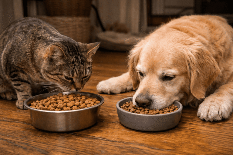 Gato y perro compartiendo su comida