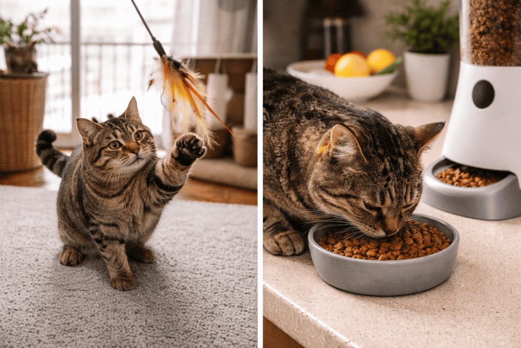 Cómo evitar la obesidad en gatos de departamento Gato de departamento jugando con juguete interactivo para mantenerse activo y prevenir la obesidad felina en espacios interiores