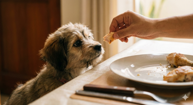 Cachorro mirando un pedazo de pollo que le ofrecen de un plato en la mesa, ilustrando el error común de dar comida humana a los perros.