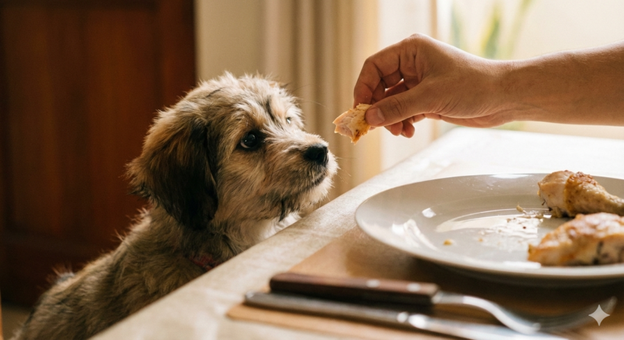 Cachorro mirando un pedazo de pollo que le ofrecen de un plato en la mesa, ilustrando el error común de dar comida humana a los perros.