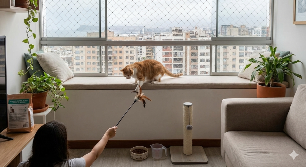 Cómo evitar la obesidad en gatos de departamento Gato de departamento con sobrepeso descansando en un espacio interior reducido jugando