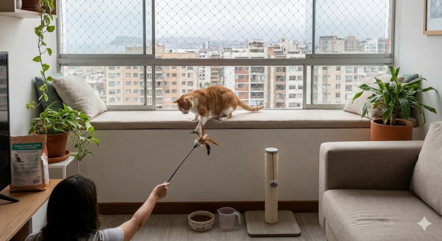 Gato de departamento con sobrepeso descansando en un espacio interior reducido jugando