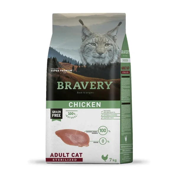 Bravery Chicken Adult Cat Sterilized para gatos esterilizados, sin granos y con proteína única de pollo. Compra ahora y cuida su peso y bienestar diario.
