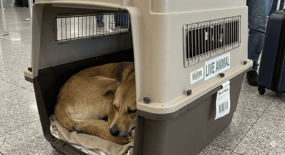 Perro tranquilo descansando dentro de un kennel rígido homologado para avión en el aeropuerto.