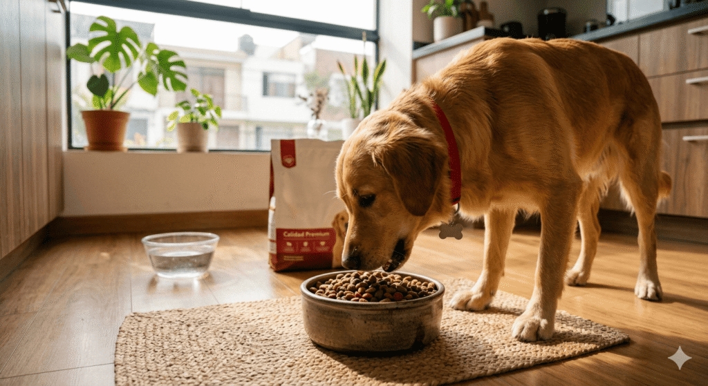 "Perro comiendo alimento seco de calidad en Lima Perú"