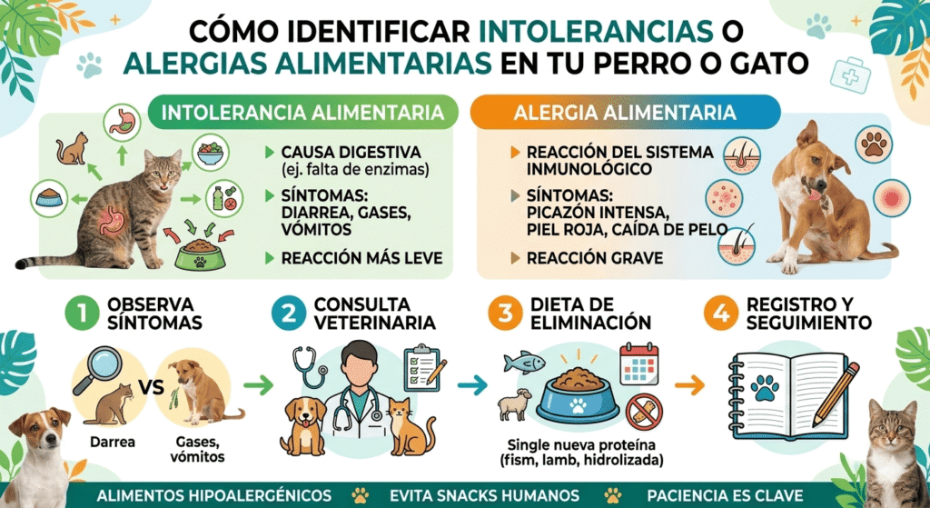 Infografía que explica los síntomas más comunes de alergias alimentarias en mascotas, incluyendo picazón, irritación de piel y problemas digestivos.