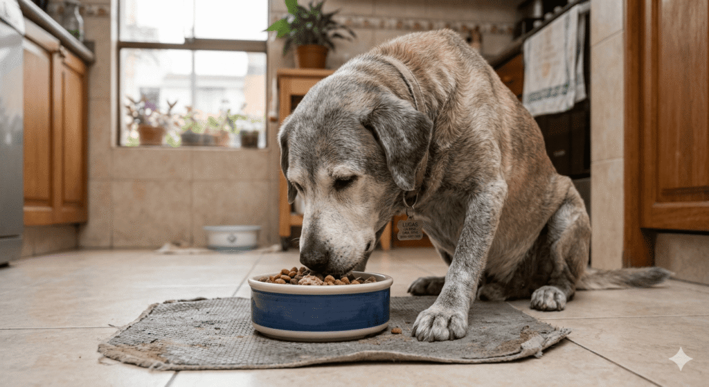 Perro mayor senior comiendo alimento húmedo Perú